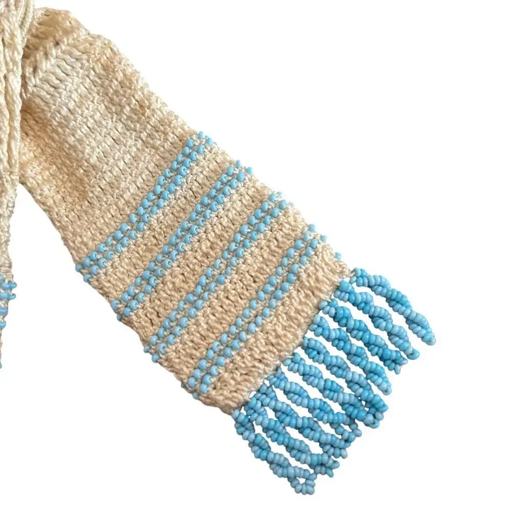 Victorian Edwardian Beaded Crochet Miser’s Purse with Blue Bead Fringe